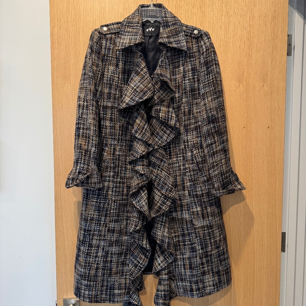 Tweed 3/4 coat with front ruffle. Per Una (British brand) UK size 14 (US 10)